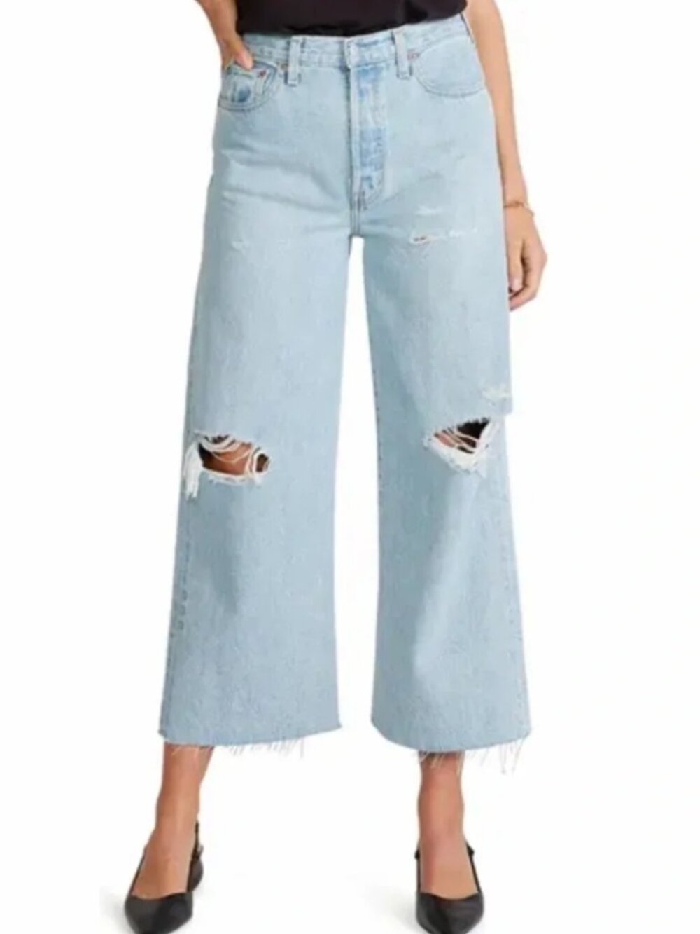 Etica Devon Wide Leg Jeans Distressed Raw Hem High Waist Light Wash Blue Size 31